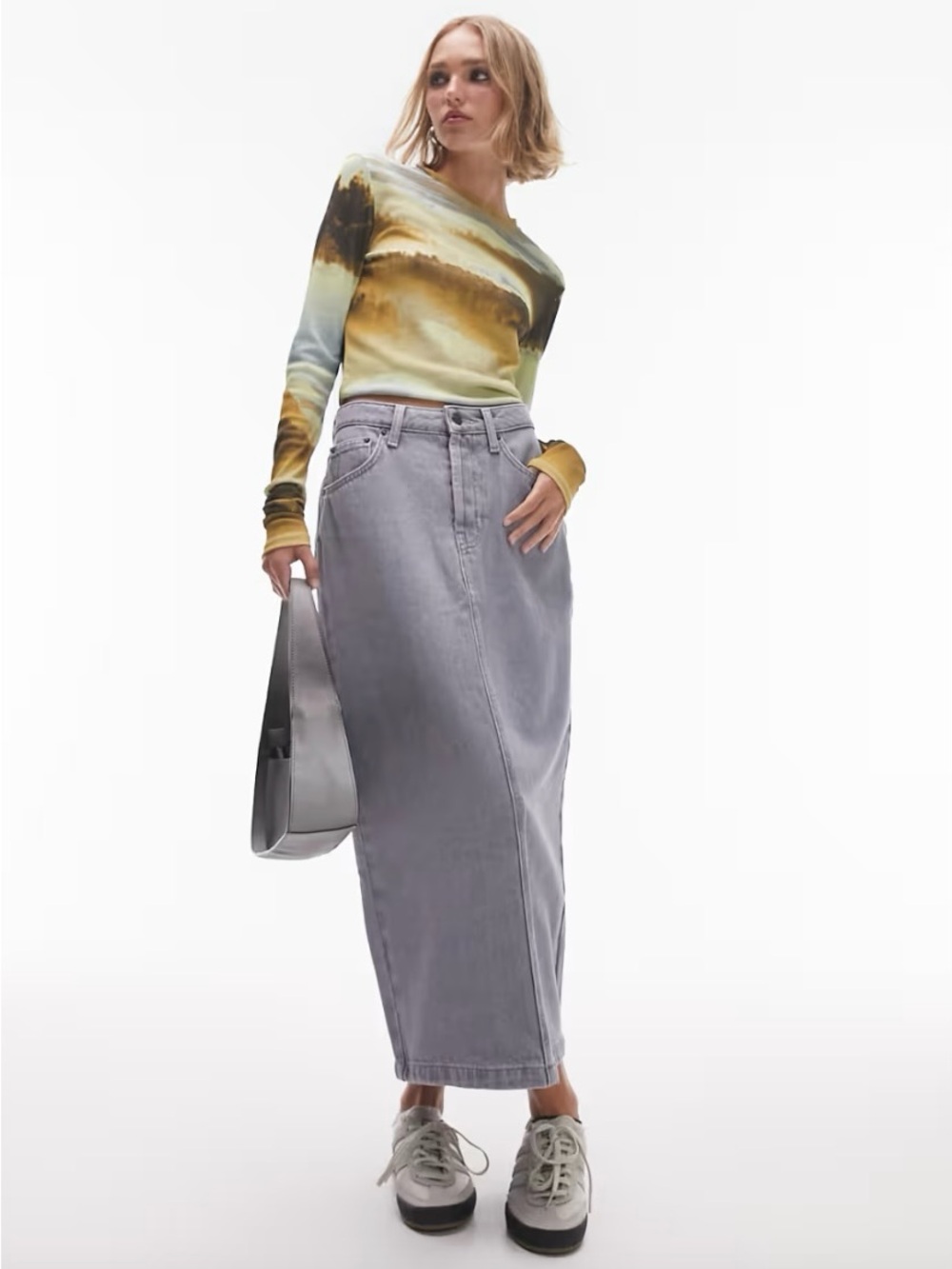 Topshop Petite Denim Midi Skirt Gray 100% Cotton Slit, 2P, XS